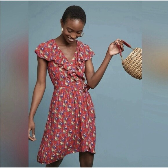 Maeve Anthropologie Womens Size 0 Red Rosalia Floral Faux Wrap Ruffle Dress - Picture 1 of 9